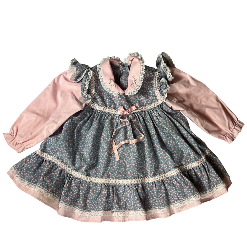 Vintage Floral‎ Prairie Dress Toddler Size 3T Pink Blue Lace Trim Embroidered